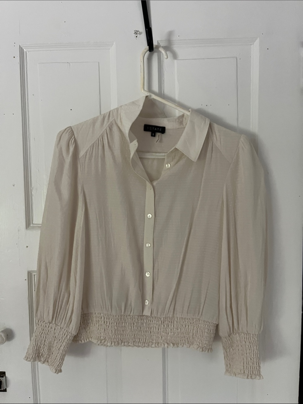 STATE Cream Button-Front Blouse with Smocked Hem
